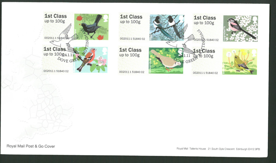 2011 Royal Mail Birds of Britain 2 Post & Go First Day Cover, Dove Green Nottingham Postmark - Click Image to Close